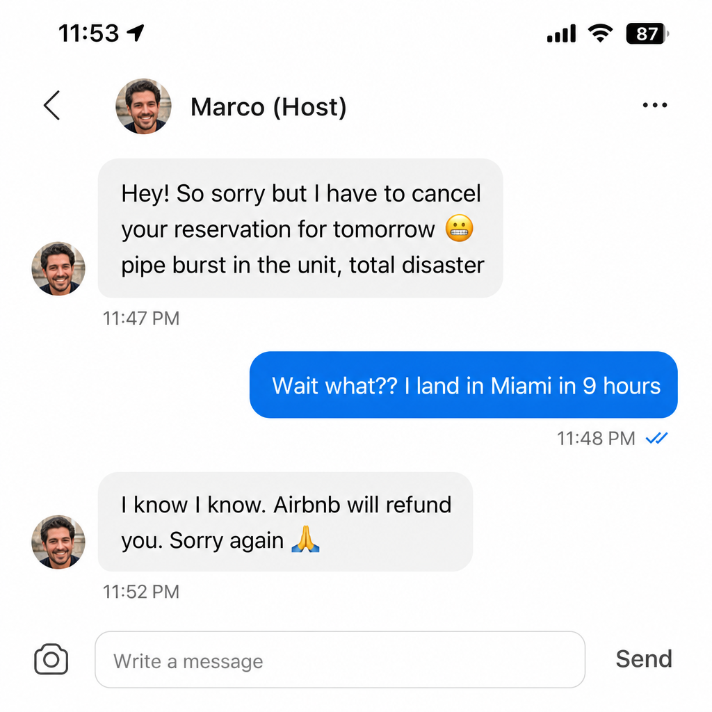Airbnb chat: host Marco messages guest at 11:47 PM saying he has to cancel because of a burst pipe
