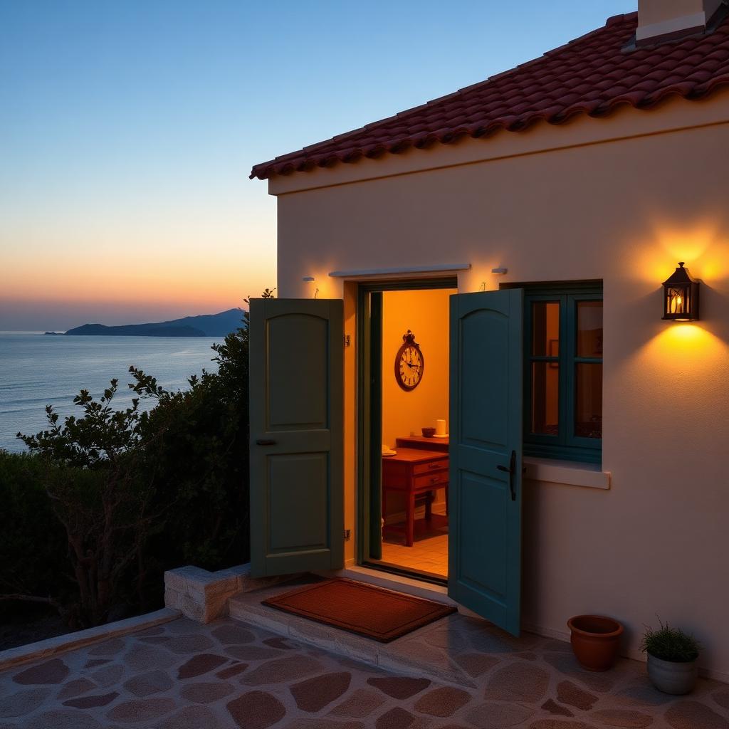 A coastal cottage at dusk with warm interior lights