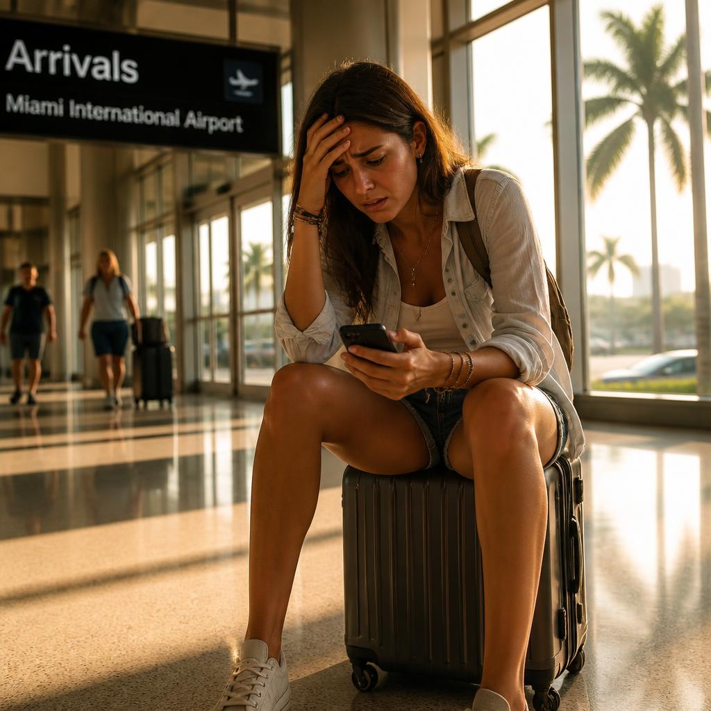 A stressed traveler sitting on a suitcase at Miami International Airport arrivals