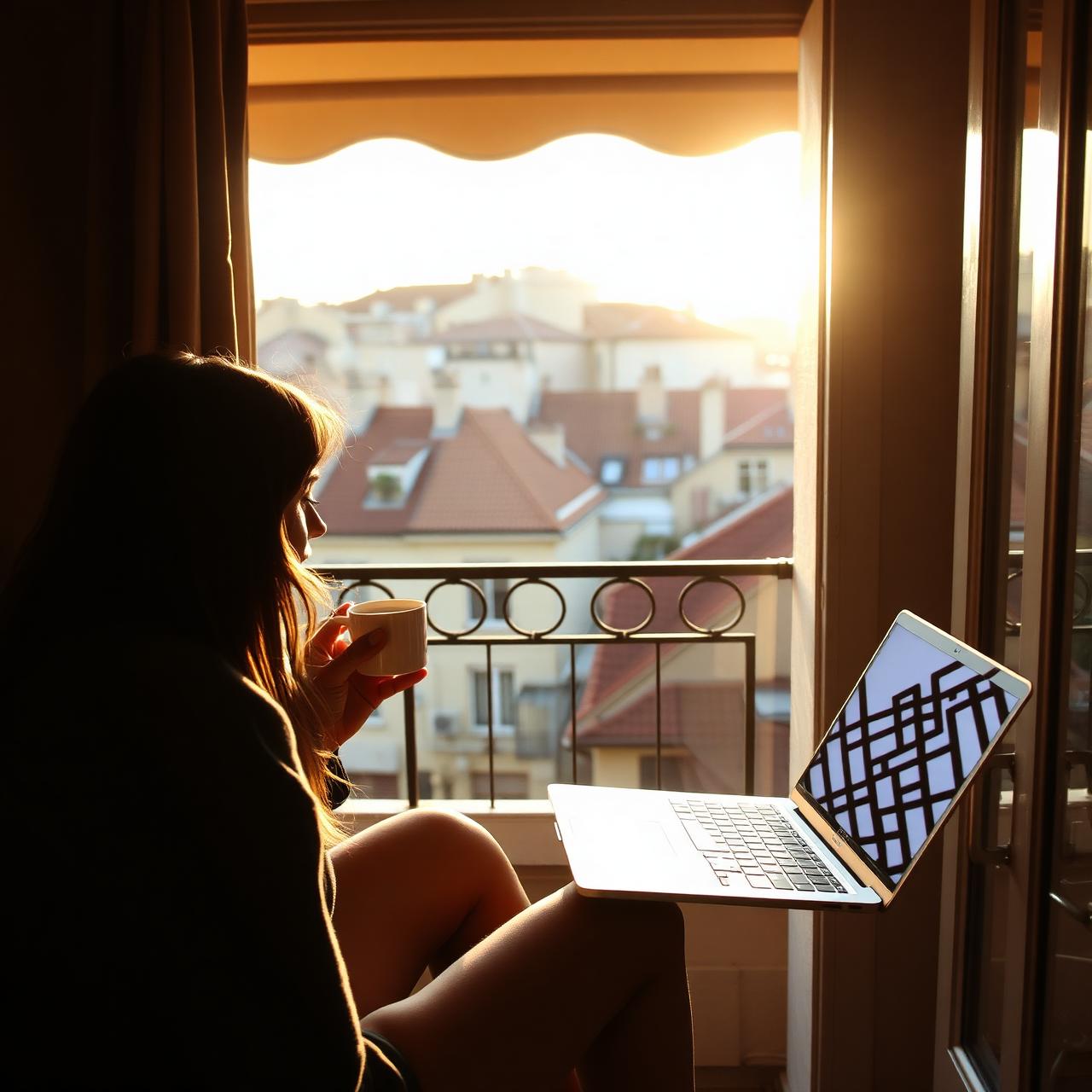 A traveler on a small balcony at golden hour with a laptop, terracotta rooftops behind