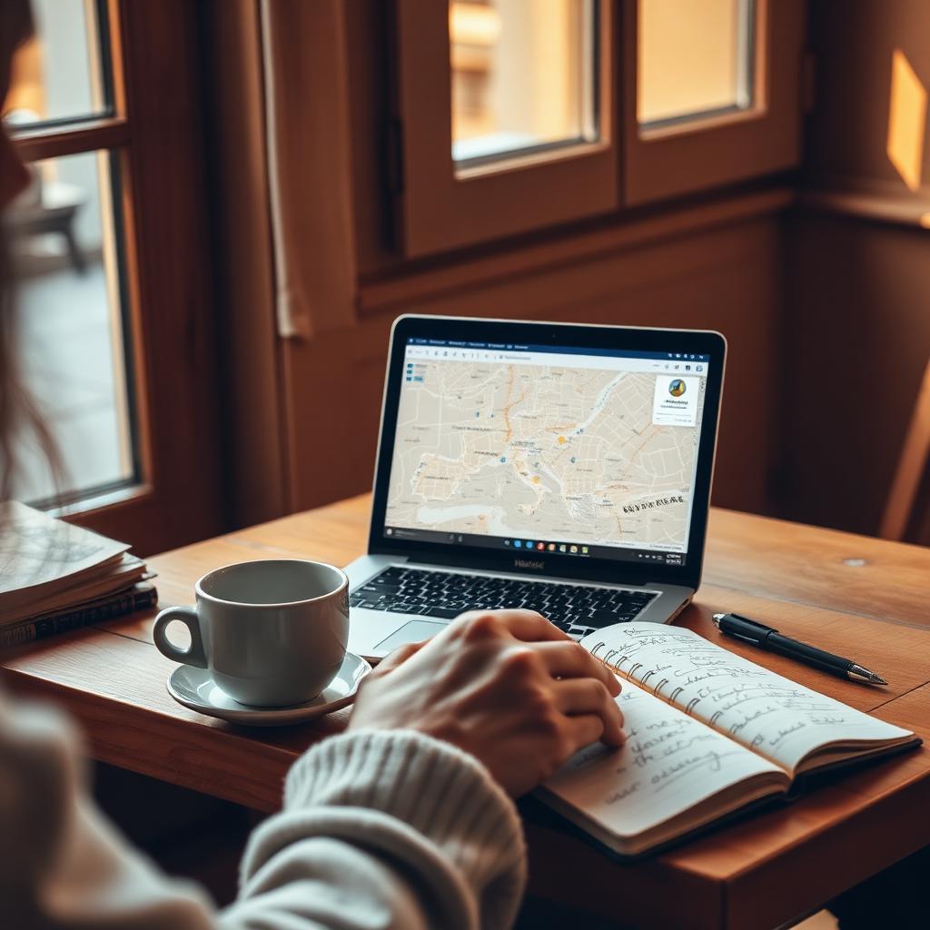 A traveler at a wooden desk with a laptop, coffee, and a notebook, planning a trip in warm morning light