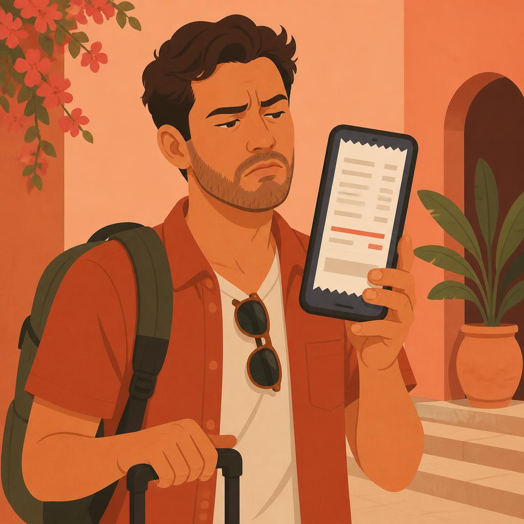 A traveler frowning at a phone receipt showing a large service fee line