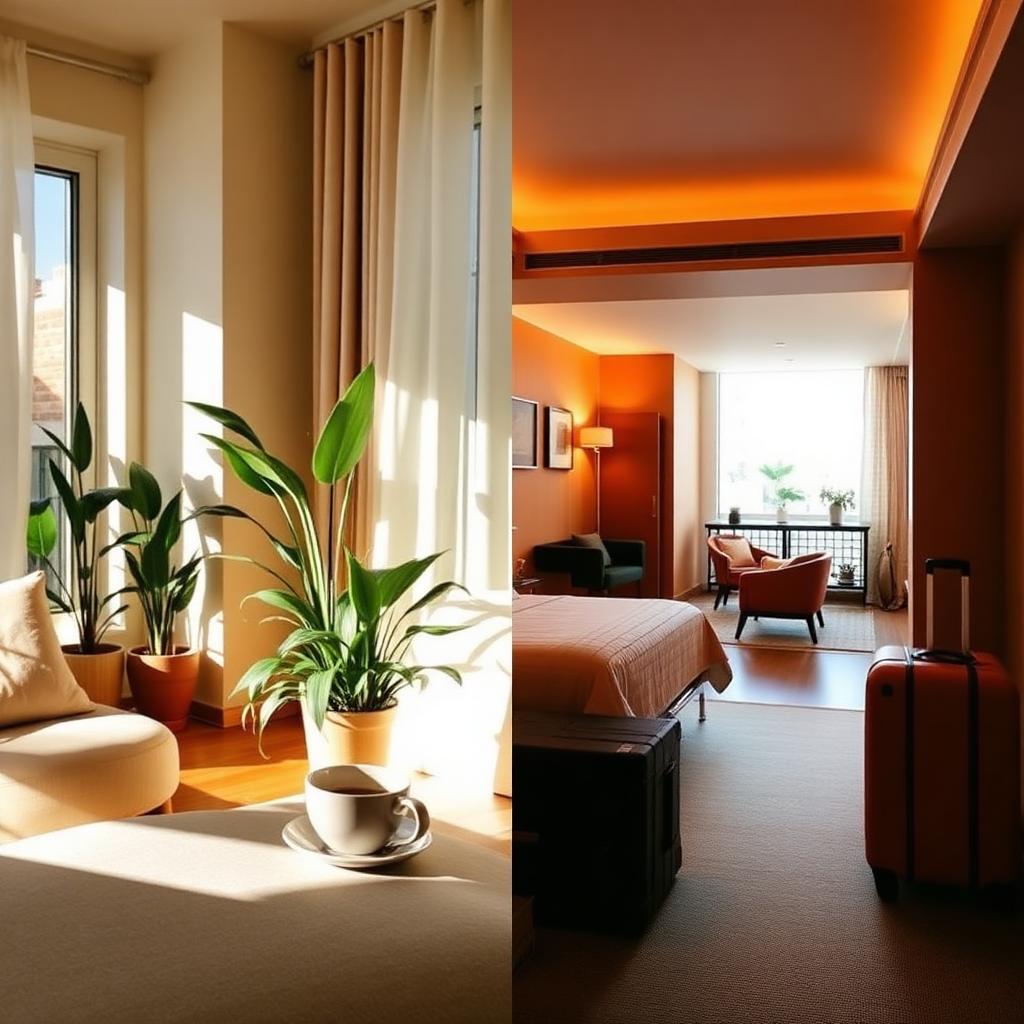 A split scene showing a sunlit Airbnb living room on one side and a warm hotel room with a suitcase on the other