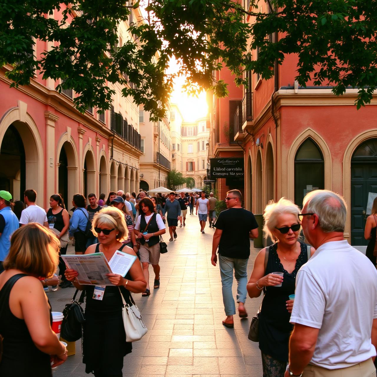 A busy European plaza at golden hour with tourists on a warm summer evening