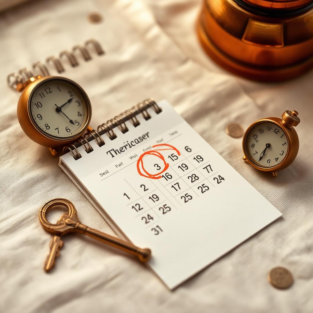 A calendar with a date circled in red next to a small clock and key