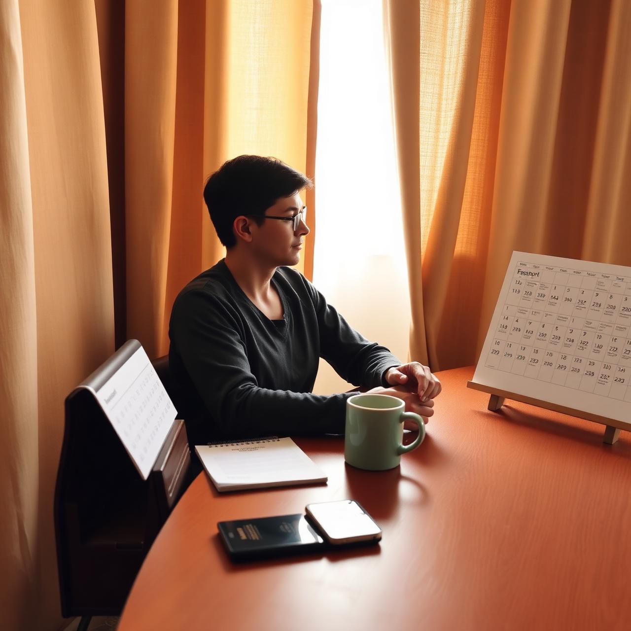 A traveler at a desk with a paper calendar, coffee, and passport in warm morning light