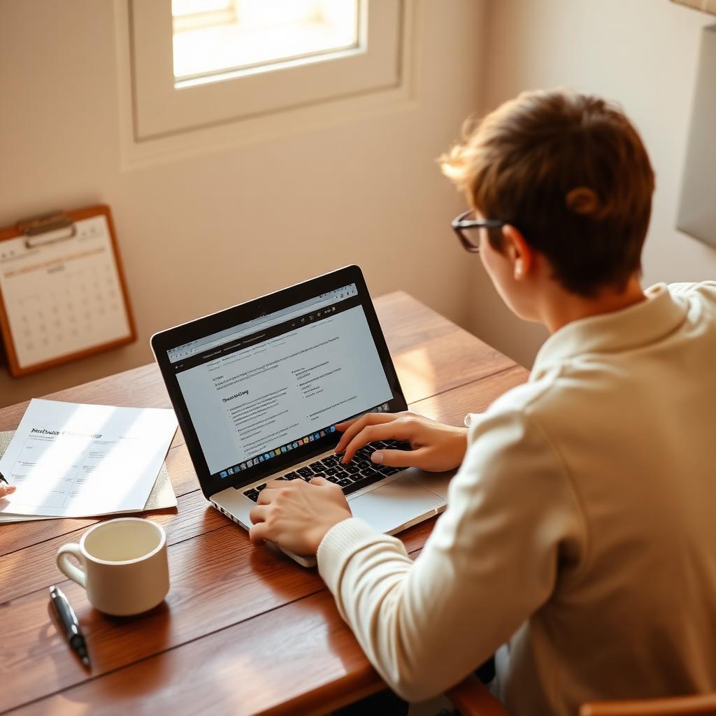 A traveler reading an Airbnb cancellation policy on a laptop in warm morning light