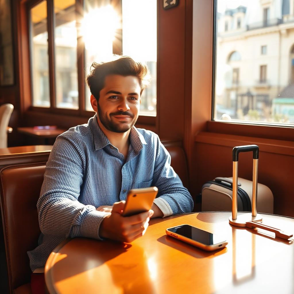 A calm traveler at a sunlit café table checking a phone with a small suitcase beside them