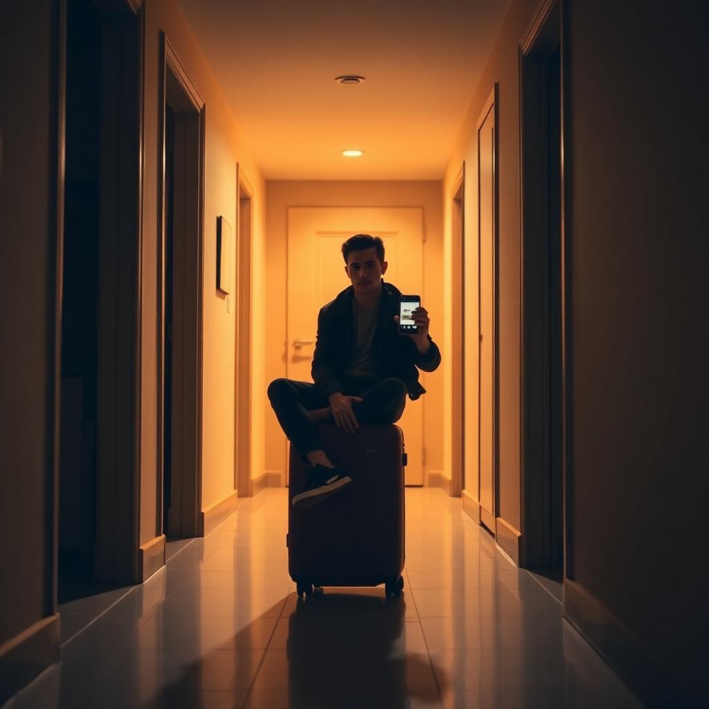 A traveler sitting on a suitcase in a warm-lit hallway at night, checking their phone after a cancelled booking