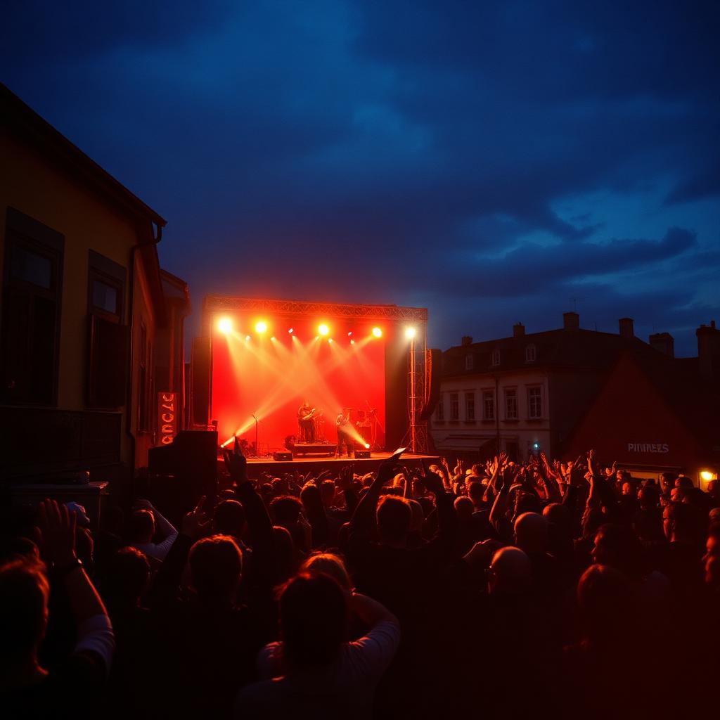 A concert crowd under stage lights in a small European town square at dusk