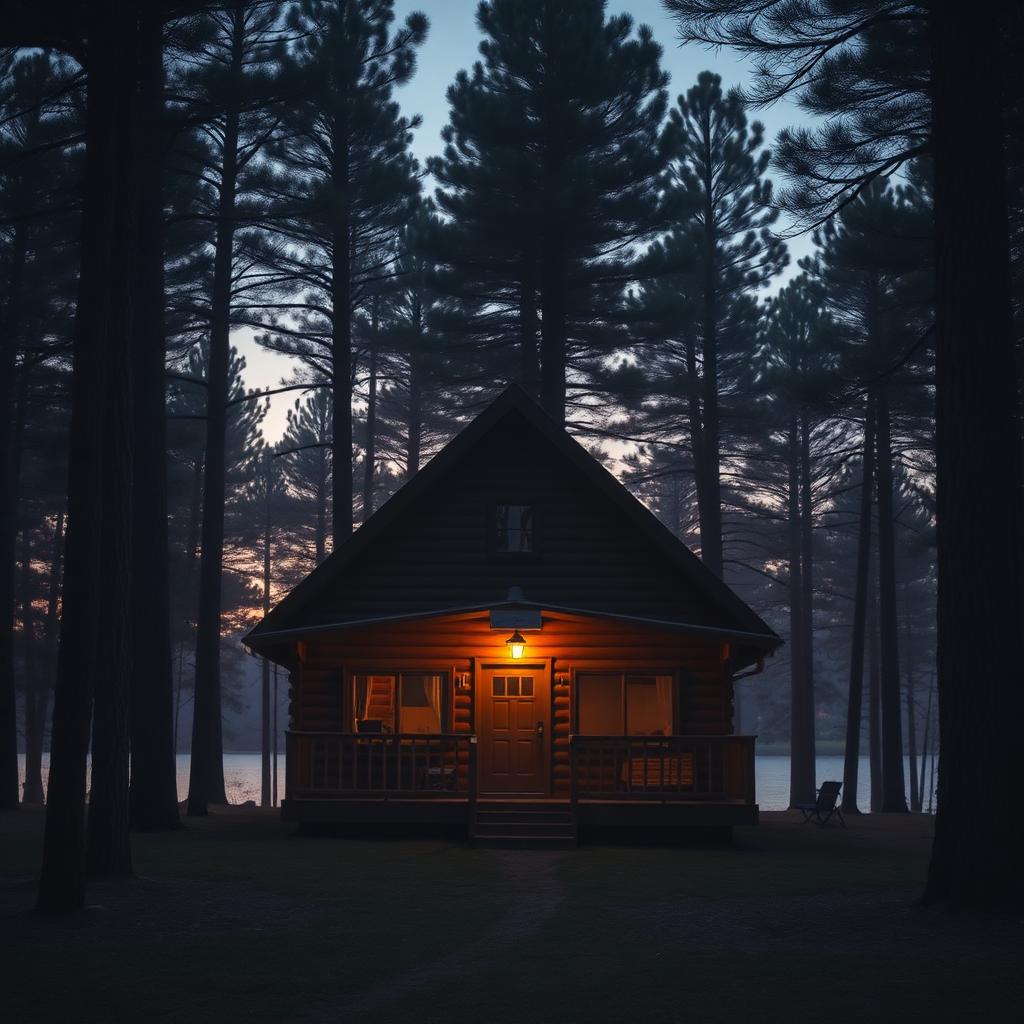 A wooden A-frame cabin among tall pines at dusk with warm porch light glowing
