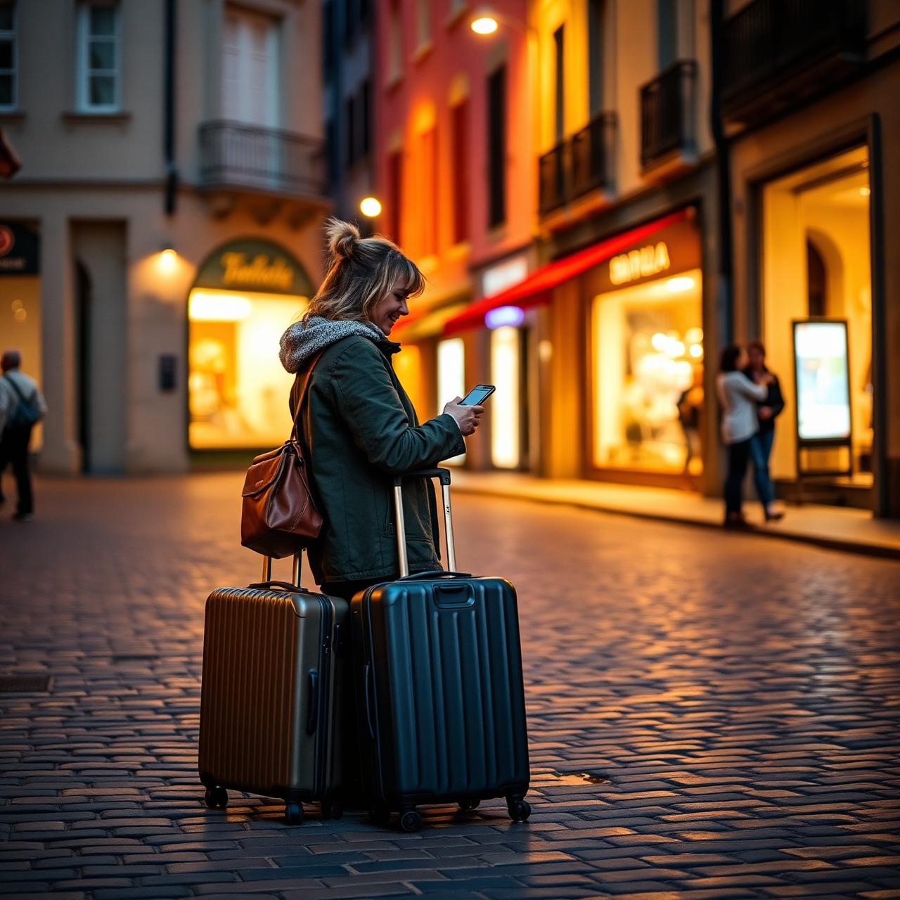 A traveler with a rolling suitcase on a warm cobblestone street at dusk, checking a phone