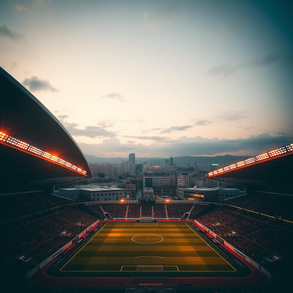 A packed football stadium glowing at dusk with a host city skyline visible beyond the stands
